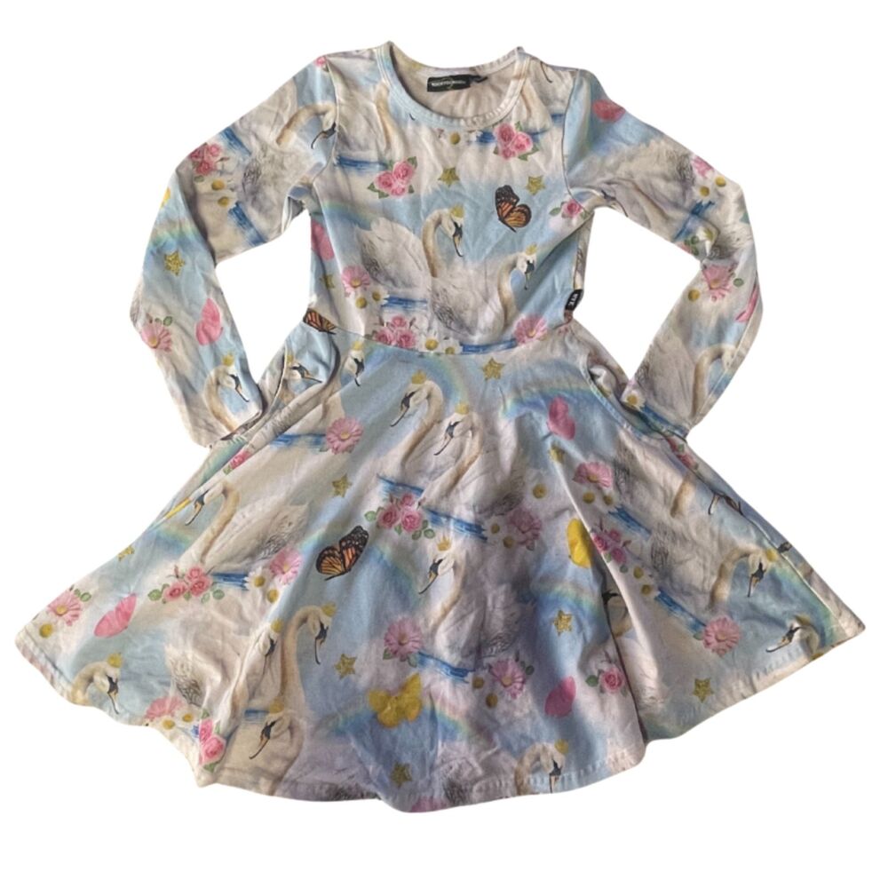 Rock Your Kid Girls’ Long Sleeve Dress – Size 6, Swan & Rainbow Print, Cotton